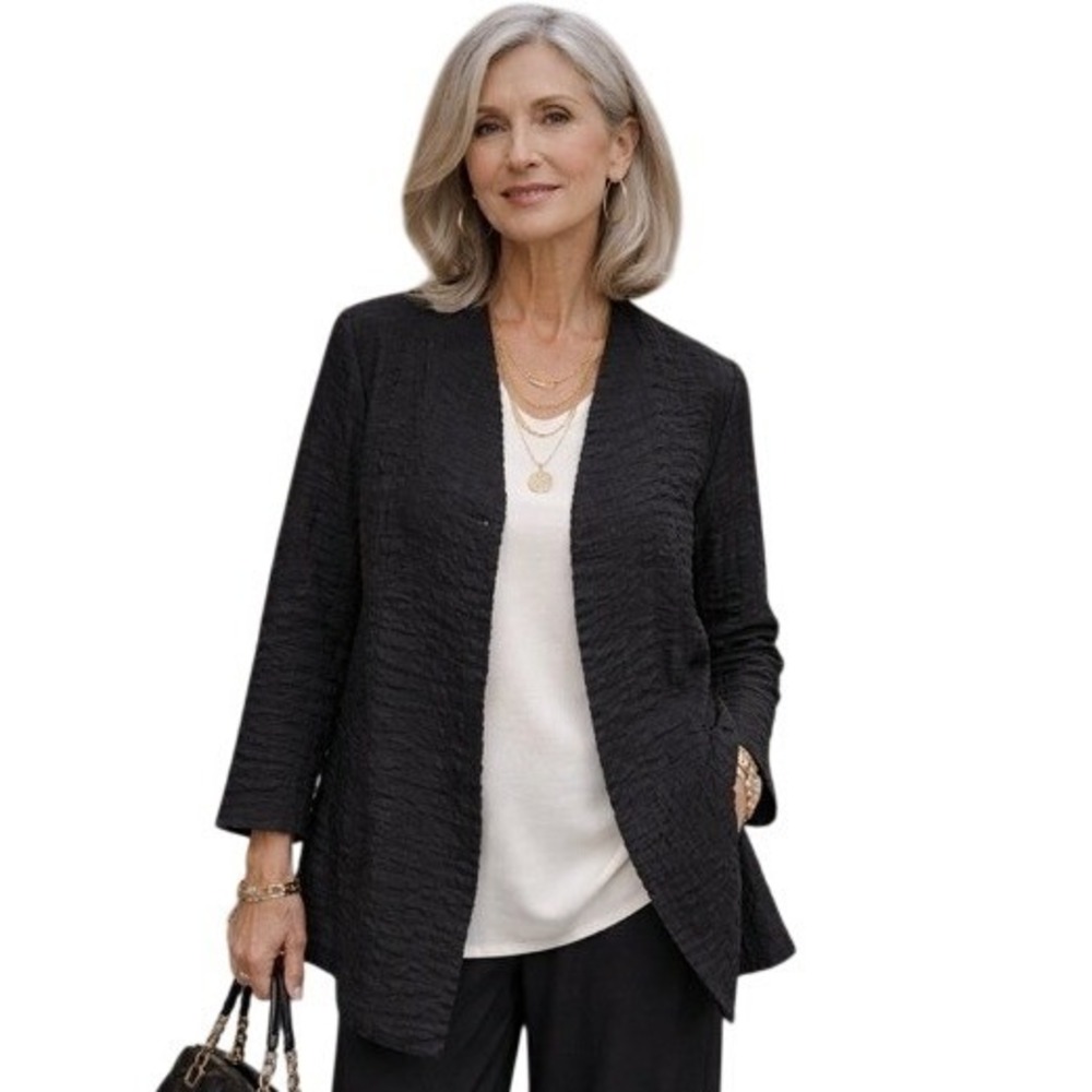 HEYDARI Black Textured Open Jacket Lagenlook Medium